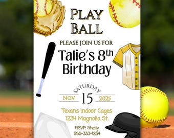 Black Gold Softball Birthday Invitation Girl, Play Ball Sports Party, Editable Canva Template, Instant Digital Download, Any Age