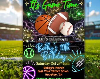 Neon Boys Sports Birthday Invitation, Football Basketball Baseball, Editable Canva Template, Printable Digital Download, Any Age