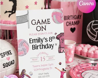 Pink Volleyball Birthday Invitation, Girls Volleyball Party Invite, Editable Canva Template, Instant Digital Download, Any Age