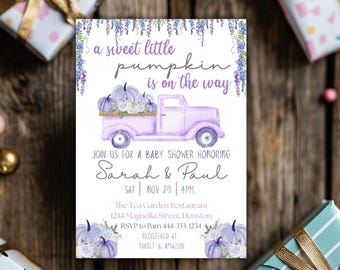 Purple Pumpkin Truck Baby Shower Invitation, Fall Invite (Digital Download)