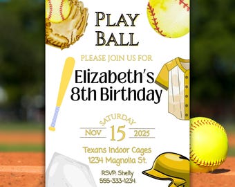 Yellow Softball Birthday Invitation Girl, Play Ball Sports Party, Editable Canva Template, Instant Digital Download, Any Age
