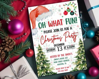 Einladung zur „Oh What Fun“-Weihnachtsfeier, bearbeitbare Canva-Vorlage, druckbarer digitaler Download, Einladung zur Weihnachtsfeier