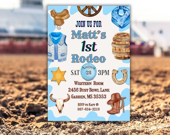 Rodeo 1st Birthday Invitation, Cowboy Party Invite (Digital Download)