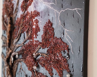 Storm Within the Roots – Textured Tree Painting with Lightning & Rain