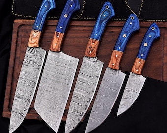 Hand-Forged Damascus Steel Chef Knife Set | 5-Piece Kitchen Knives, Wood Handle, Leather Bag