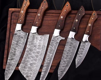 Hand Forged Damascus Steel Chef Knife Set | 5-Piece Kitchen Knives, Wood Handle, Leather Bag