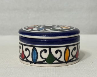 Vintage Moroccan Fes Ceramic Trinket Box Hand Painted Jewelry Box Boho Decor