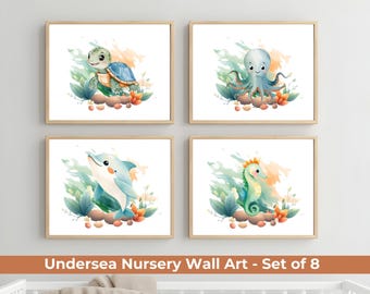 Impressions aquarelle Sea Life pour chambre d'enfant, décoration côtière pour chambre d'enfants (lot de 8) (téléchargement numérique)