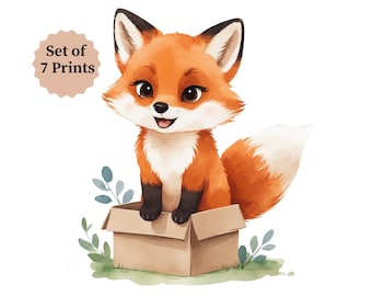 Kinderzimmer Wandbild – Fuchs Poster – 7er Set | Kinderzimmer Märchenbuch Stil