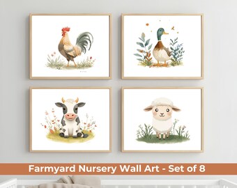 Farm Animal Nursery Prints – Vintage Farmyard Decor, Set of 8 (Digital Download)