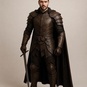 Op de afbeelding: Een harnas van donkerbruin leer met een borstplaat met gelaagde segmenten, schouderstukken, armbeschermers en beenbeschermers. De outfit bevat een bijpassende donkerbruine cape met capuchon en een lang metalen zwaard in de rechterhand.