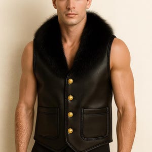 May include: Black leather vest with a black fur collar and gold buttons. The vest has two front pockets and a tailored fit. The model is wearing a black vest and black trousers.