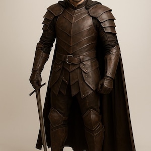 黒の中世戦士レザーアーマーセット - ゴシックファンタジーLARP＆コスプレコスチューム