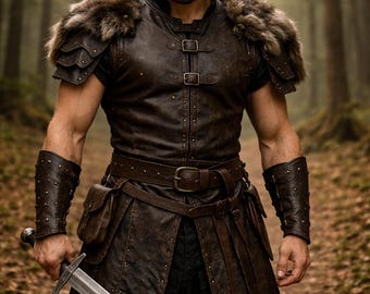 Men's Medieval Leather Armor Vest – Viking Knight Costume Tunic with Fur Shoulders