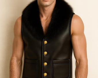 Chaleco de cuero negro para hombre con cuello de piel de lujo: chaleco abotonado hecho a mano / Traje formal y de moda