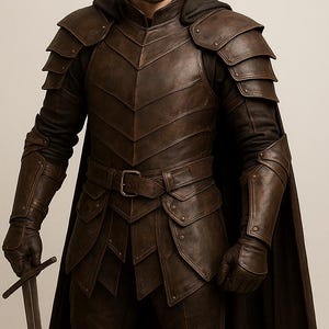 May include: A full-body shot of a person in brown leather armor, complete with a hooded cape and a sword. The armor features layered plates and a belt. The person is holding the sword in a poised stance, suggesting a medieval or fantasy theme.