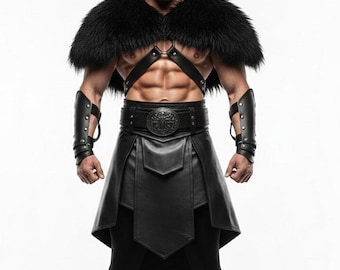 Men’s Viking Leather Kilt & Harness – Nordic Warrior Gothic Festival Outfit