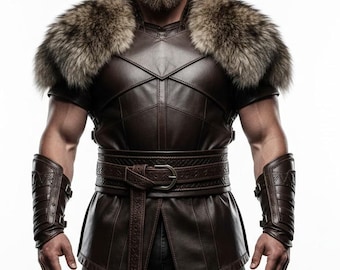 Viking Leather Armor with Fur Shoulders – Medieval LARP Vest