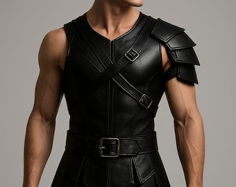 Handmade Black Leather Gladiator Armor – Warrior Vest with Shoulder Guard & Battle Kilt