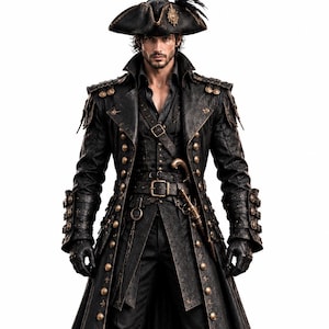 May include: A black long coat with gold buttons, a matching tricorn hat with a feather, black trousers, and leather boots. The ensemble features intricate textured fabric, multiple buckled straps on the sleeves, and a belt with a metallic buckle.