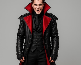 Gotisk vampyrlädertrenchcoat: Svart & Röd Steampunk Cosplay