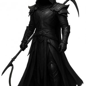 May include: A detailed illustration of a figure in black armour and a hooded cloak, holding a staff with a blade and a pickaxe over the shoulder. The armour has intricate details. The figure is set against a white background.