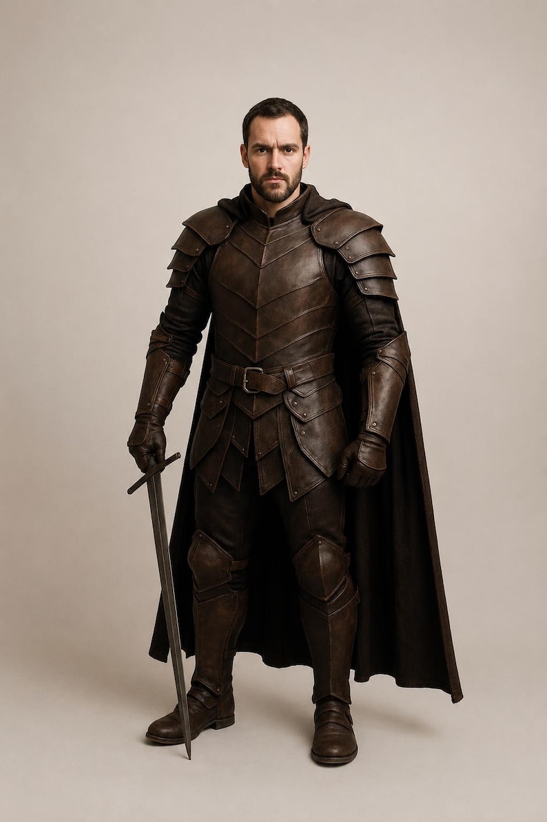 Op de afbeelding: Een harnas van donkerbruin leer met een borstplaat met gelaagde segmenten, schouderstukken, armbeschermers en beenbeschermers. De outfit bevat een bijpassende donkerbruine cape met capuchon en een lang metalen zwaard in de rechterhand.