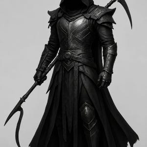May include: A full-body suit of black armor featuring a hooded cloak, segmented chest plating, shoulder pauldrons, and gauntlets. The figure holds a long-handled scythe in one hand, with a second scythe blade strapped across the back of the armor.