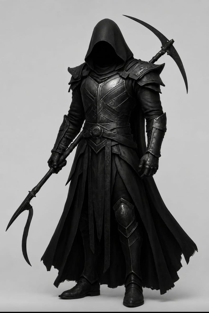 May include: A full-body suit of black armor featuring a hooded cloak, segmented chest plating, shoulder pauldrons, and gauntlets. The figure holds a long-handled scythe in one hand, with a second scythe blade strapped across the back of the armor.