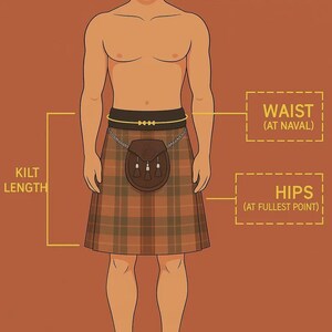 May include: An illustration of a person wearing a brown plaid kilt with a sporran, showcasing a kilt measuring guide. The guide highlights waist and hip measurements, and kilt length. Text reads "KILT MEASURING GUIDE".
