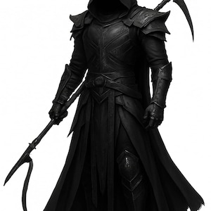 May include: A figure dressed in a full set of matte black armor and a hooded cloak. The figure wears layered shoulder pauldrons, gauntlets, and greaves. A long, curved scythe with a sharp metal blade is held in one hand and rests on the back.