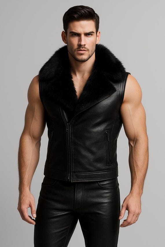 Black Leather Vest with Fur Collar – Men’s Biker Style