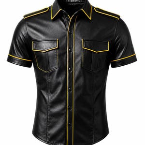 May include: Black leather short-sleeve shirt with yellow trim. The shirt has two chest pockets and a button-up front. Yellow trim outlines the collar, pockets, and sleeves. The shirt has epaulets on the shoulders.