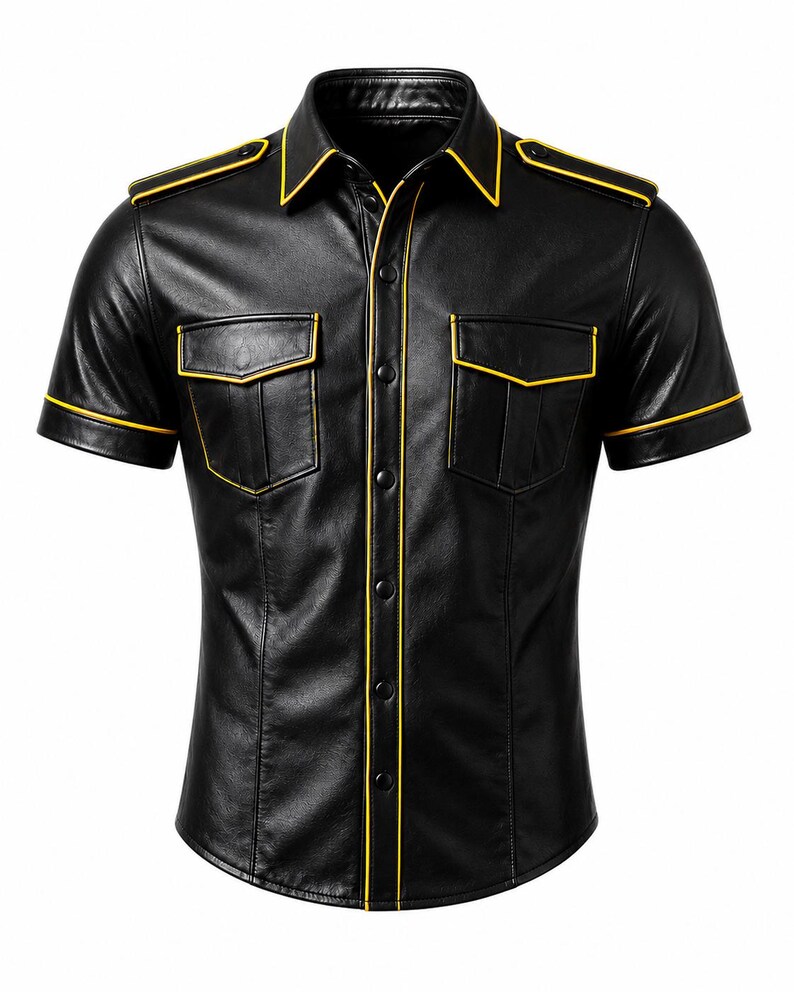 May include: Black leather short-sleeve shirt with yellow trim. The shirt has two chest pockets and a button-up front. Yellow trim outlines the collar, pockets, and sleeves. The shirt has epaulets on the shoulders.