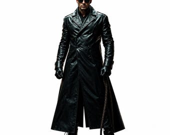 Men’s Black Leather Trench Coat Outfit – Gothic Punk Biker Fashion | Handmade Fetish Wear