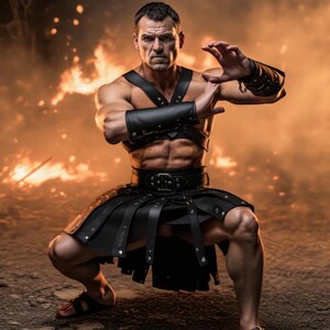May include: A muscular figure in black leather armor, including a skirt and armbands, kneels in a combat stance. The background features a fiery, orange glow, suggesting a battle scene. The figure wears sandals.