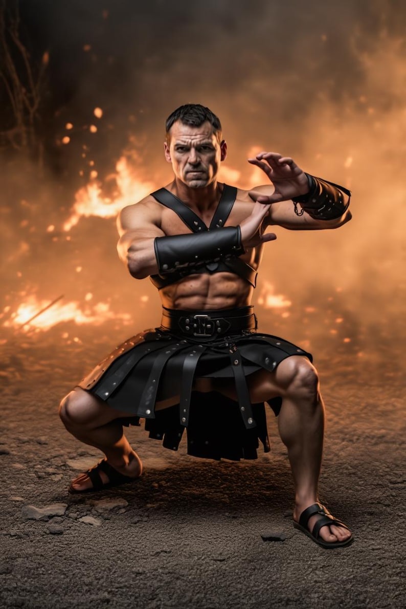 May include: A muscular figure in black leather armor, including a skirt and armbands, kneels in a combat stance. The background features a fiery, orange glow, suggesting a battle scene. The figure wears sandals.