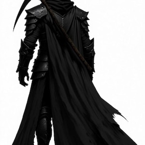 May include: A figure dressed in black layered armor and a hooded cloak, viewed from behind. The figure carries a large scythe with a curved blade resting across the shoulders. The armor features segmented plating on the arms and legs.