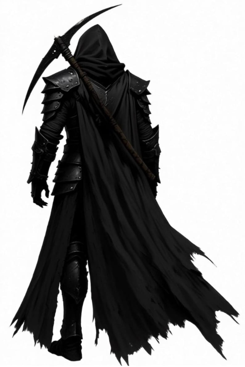 May include: A figure dressed in black layered armor and a hooded cloak, viewed from behind. The figure carries a large scythe with a curved blade resting across the shoulders. The armor features segmented plating on the arms and legs.