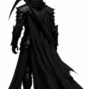 May include: A figure dressed in black armor and a hooded cloak, viewed from behind. The figure wears layered shoulder and arm plating and carries a large scythe resting across the shoulders. The long, dark cloak features a tattered hemline.