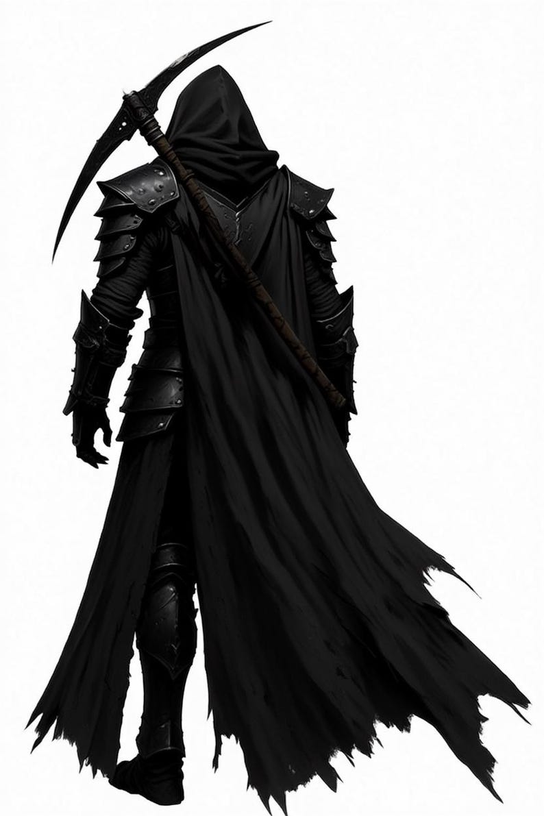 May include: A figure dressed in black armor and a hooded cloak, viewed from behind. The figure wears layered shoulder and arm plating and carries a large scythe resting across the shoulders. The long, dark cloak features a tattered hemline.