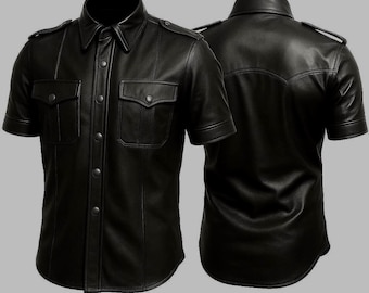May include: Black leather short-sleeve shirt with two chest pockets and button-up front. The shirt has a classic collar and epaulets on the shoulders. The back of the shirt is also visible.