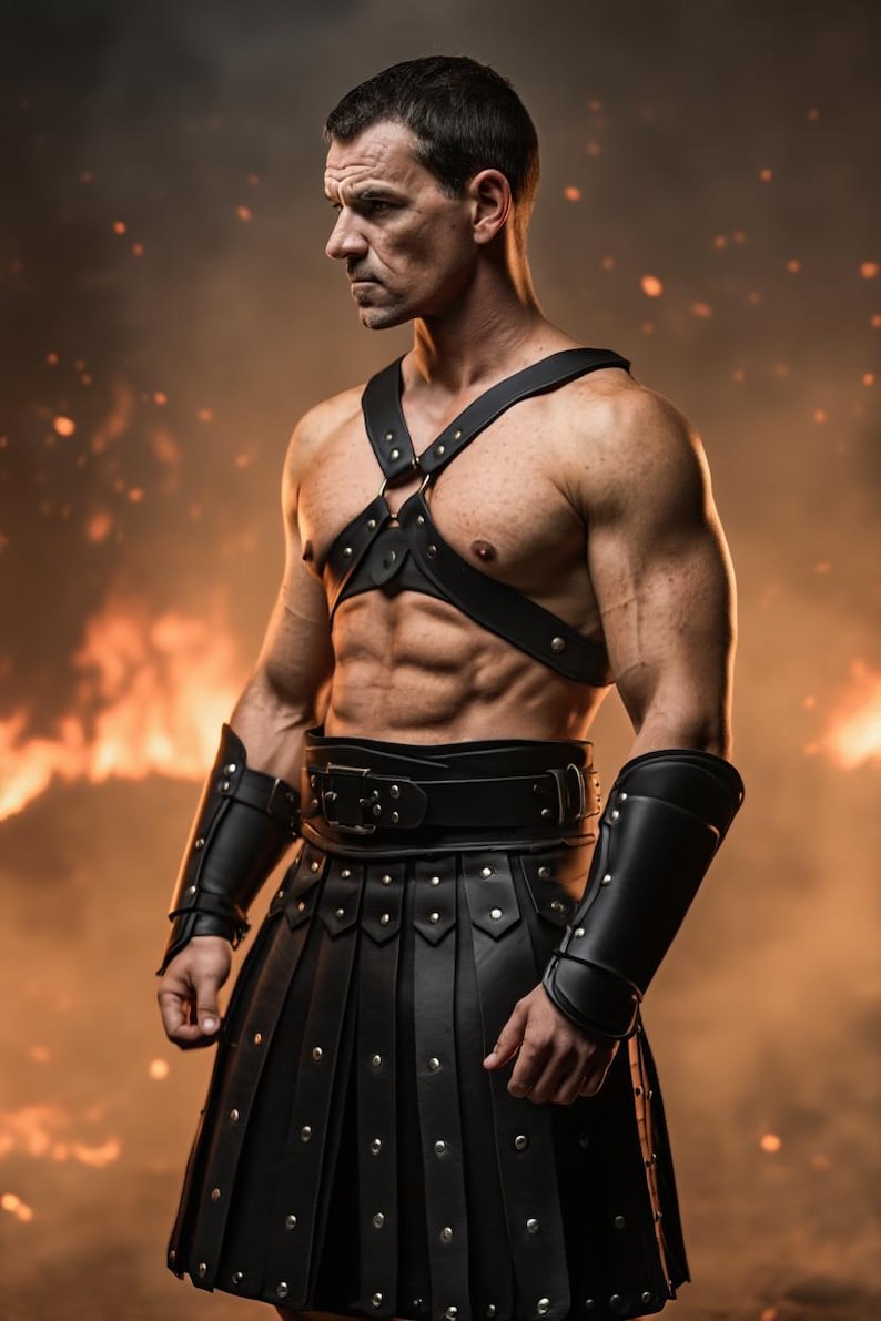 May include: A muscular figure in black leather armor, including a chest harness, belt, arm cuffs, and a pleated skirt. The armor is studded with silver rivets. The background features a fiery, orange glow.