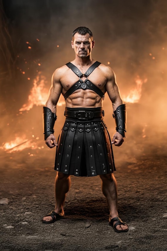 Men’s Black Leather Gladiator Armor Set | Warrior Harness & Battle Skirt | Medieval, LARP, Cosplay Costume