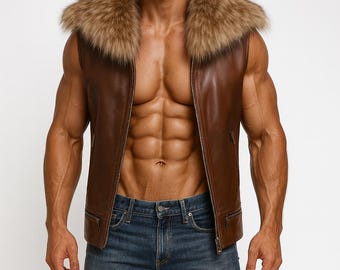 Chaleco motero de cuero marrón con cuello de piel para hombre: chaleco de piel de oveja hecho a mano y ajustado.