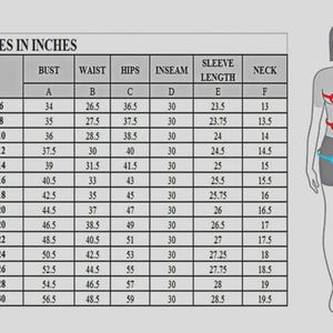 May include: A size chart for women's clothing, displaying measurements in inches. The chart includes bust, waist, hips, inseam, sleeve length, and neck measurements for sizes 6 through 30. A diagram of a woman illustrates where to measure.
