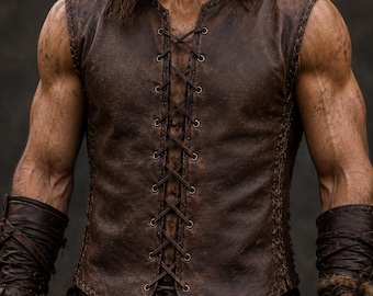 Chaleco de cuero medieval para hombre – Jubón vikingo con cordones, traje rústico renacentista
