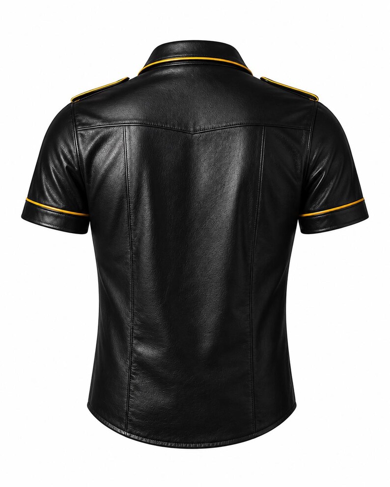 May include: Black short-sleeved shirt with a classic collar and gold trim. The shirt features epaulets on the shoulders and gold trim along the collar and sleeve edges. The shirt is made of a smooth, shiny material.