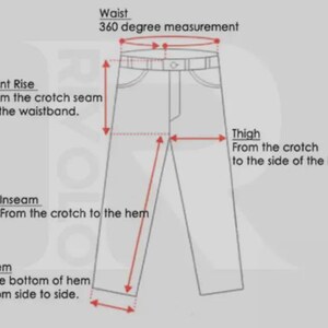 May include: Diagram of pants with measurement labels: Waist, Front Rise, Inseam, Thigh, and Hem. The labels indicate where to measure on the pants. The text explains how to measure each part of the pants.