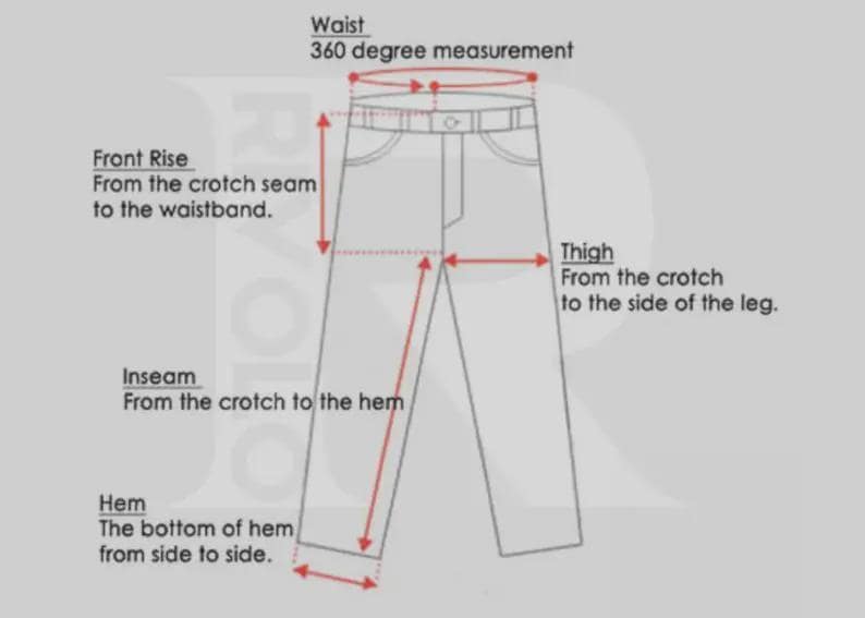 May include: Diagram of pants with measurement labels: Waist, Front Rise, Inseam, Thigh, and Hem. The labels indicate where to measure on the pants. The text explains how to measure each part of the pants.